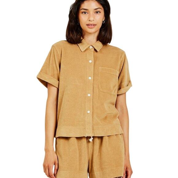 Alex Mill Womens Top Benny Shirt Golden Flax Terry Cloth Button Up Small Retro - Picture 1 of 7